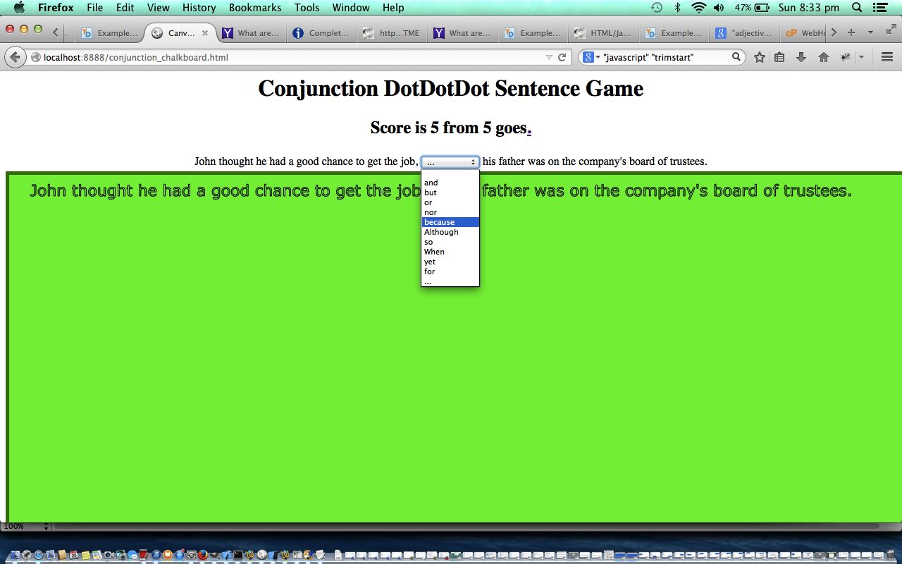 HTML/Javascript Sentence Conjunction Game Tutorial