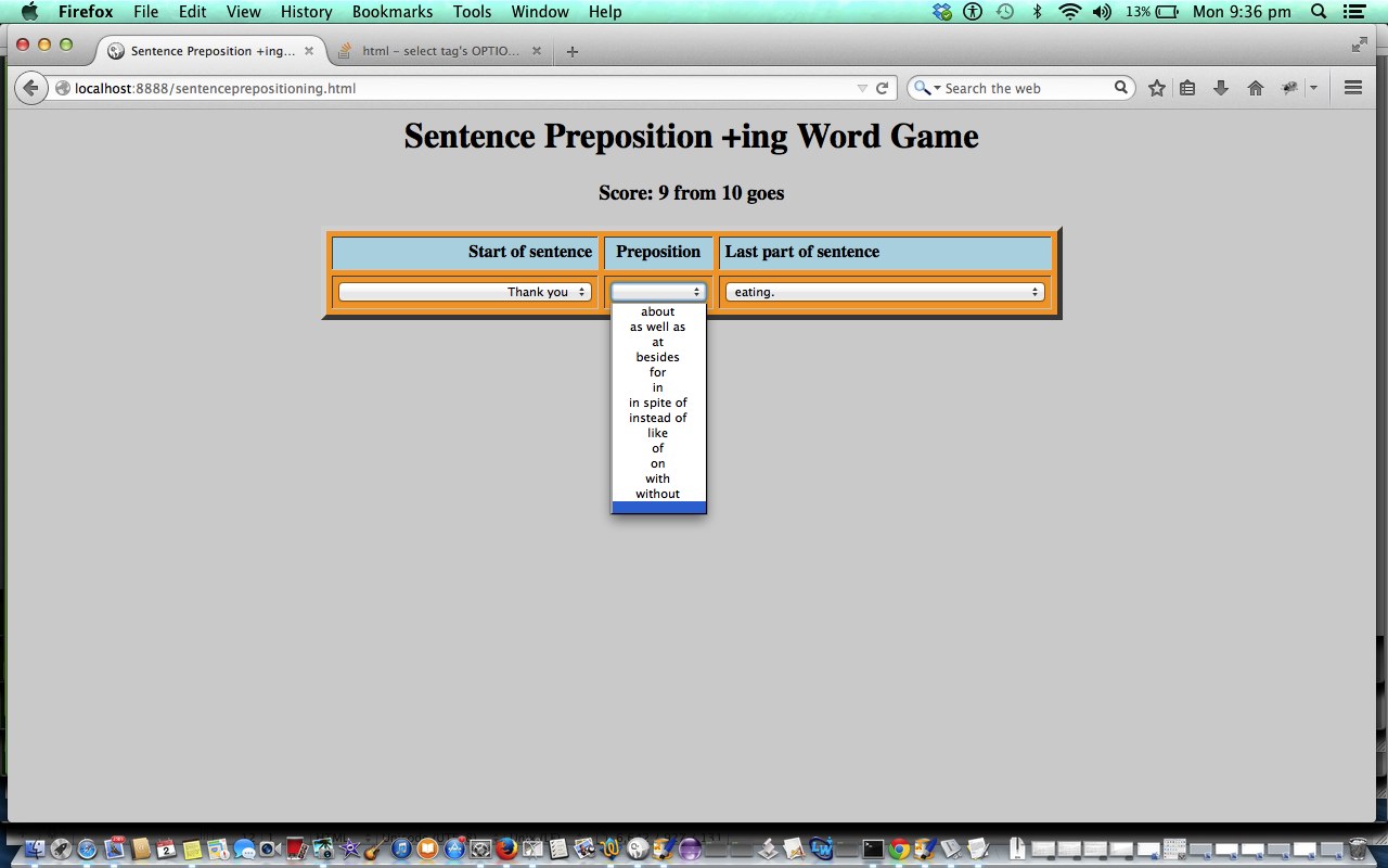 HTML/Javascript Sentence Preposition +ing Game Tutorial