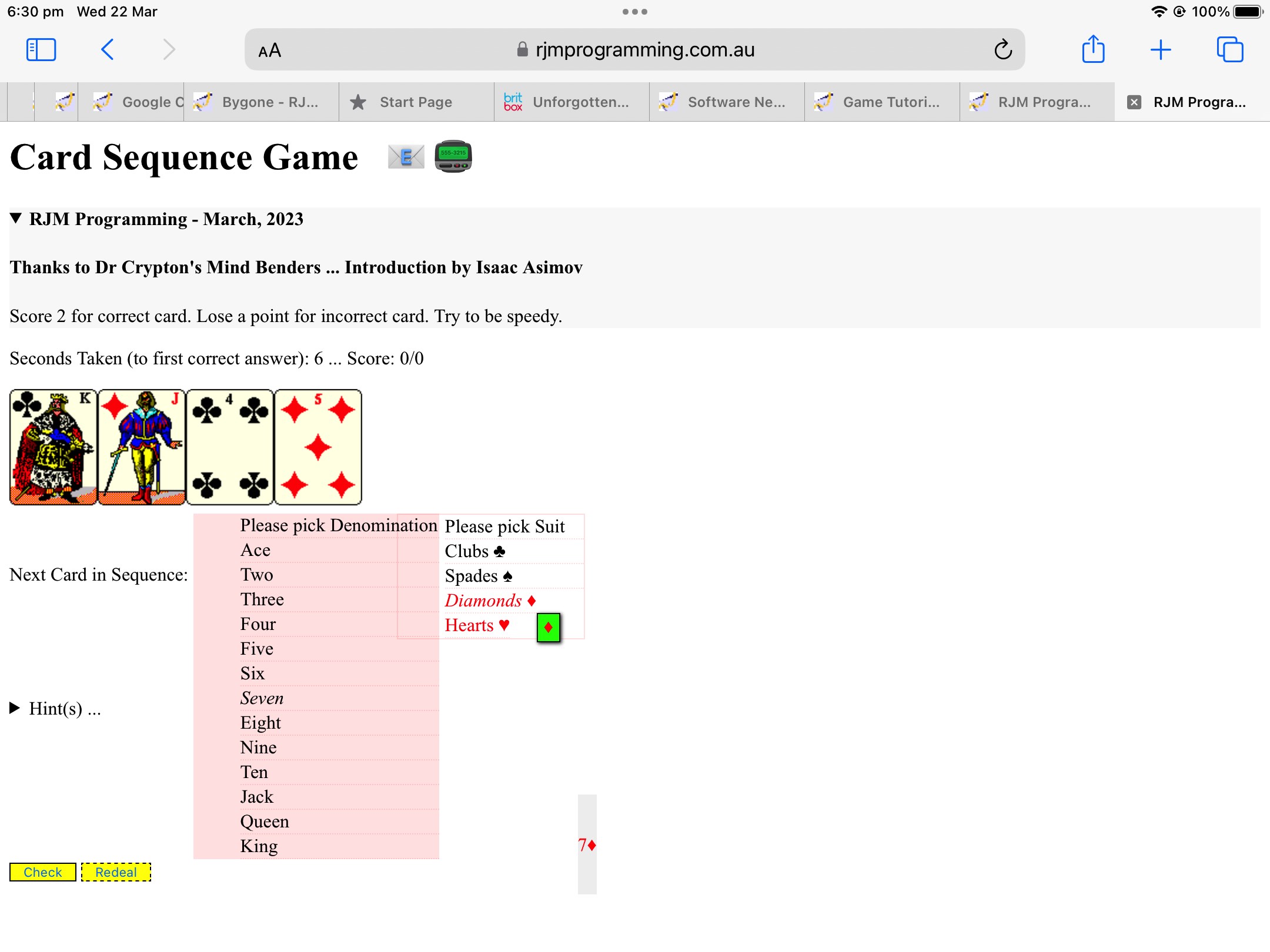 Card Sequence Game Multicoloured Dropdown and Mobile Tutorial