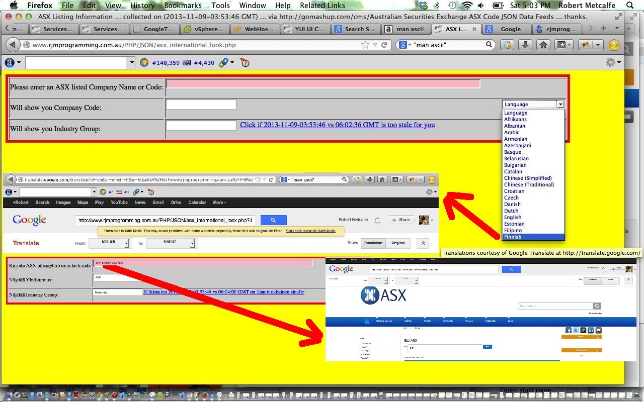 PHP/Javascript/HTML Public JSON ASX International Tutorial