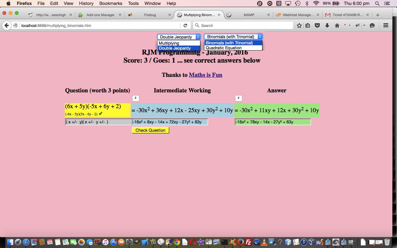 HTML/Javascript Binomial Multiplication Jeopardy Tutorial