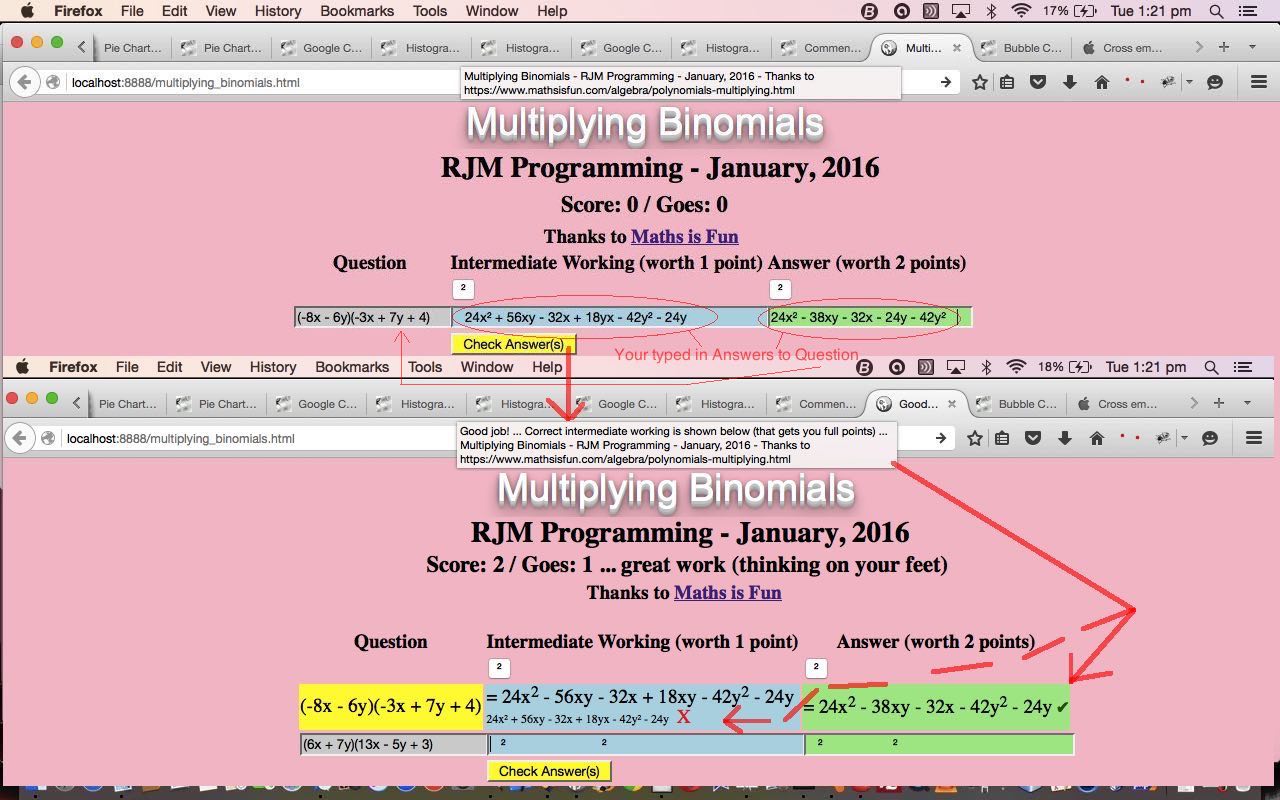 HTML/Javascript Binomial Multiplication Game Primer Tutorial