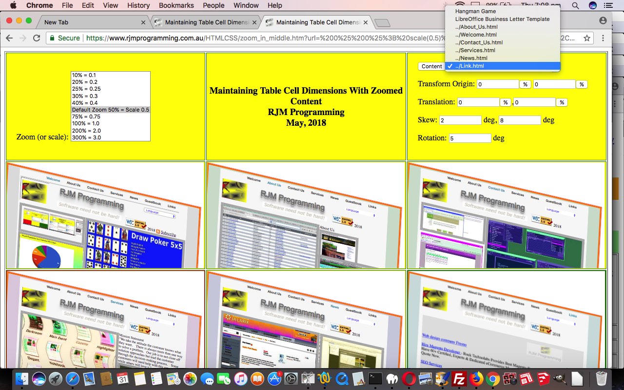 HTML Table Cell Maintained Dimensions Multiple Variably Zoomed Content Tutorial